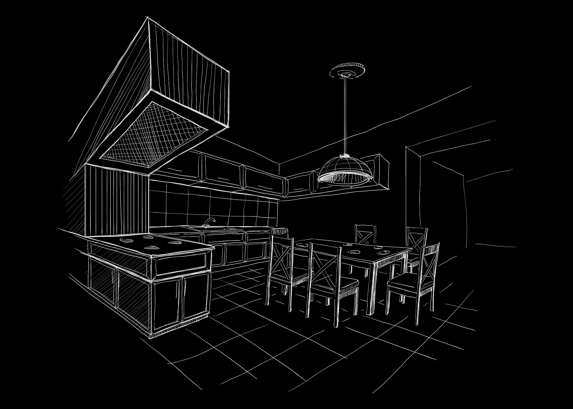 Interior sketch of modern kitchen with island.
